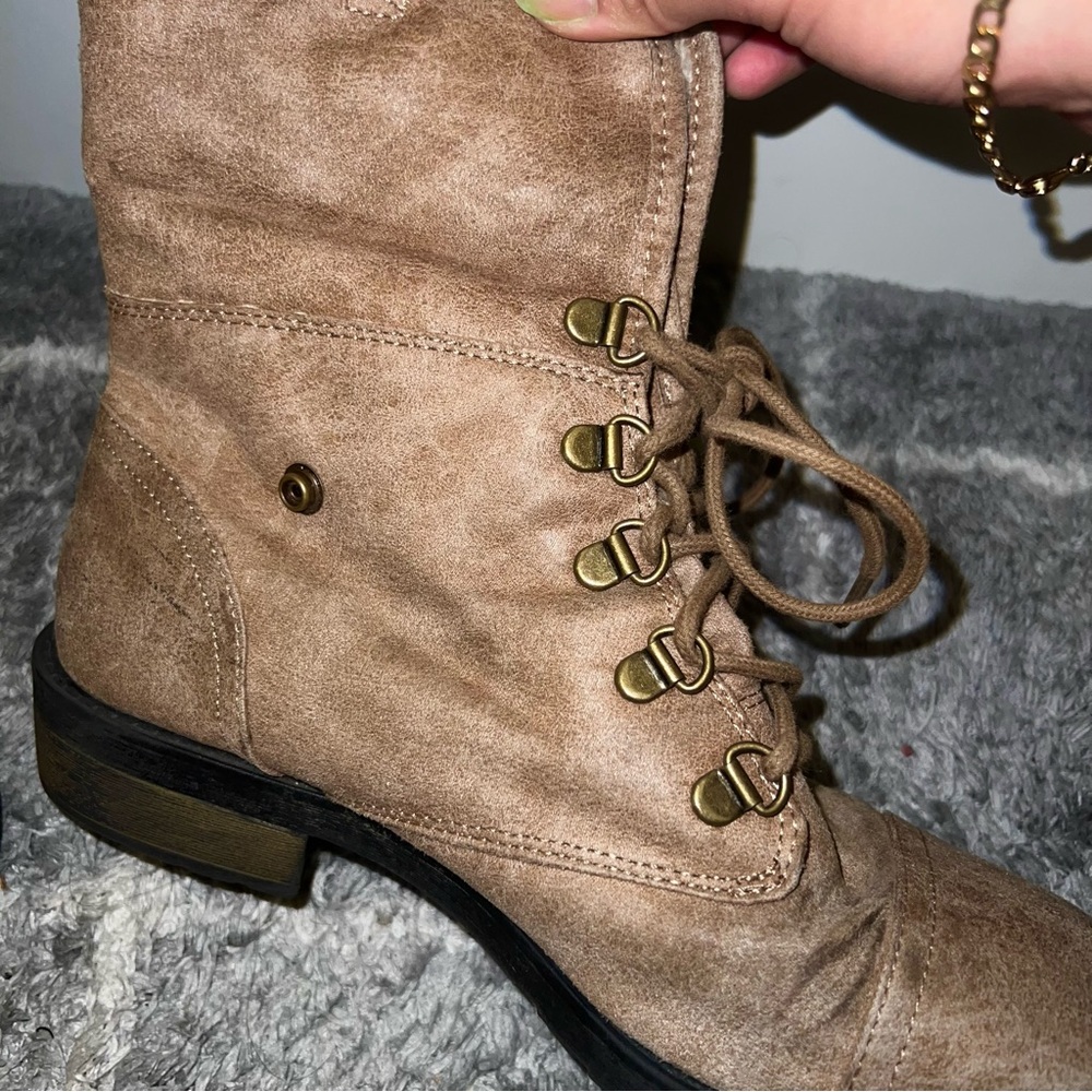 Brown Tan Ankle Boots Combat Boots lace up versatile adjustable 2 in 1 button - Picture 9 of 12